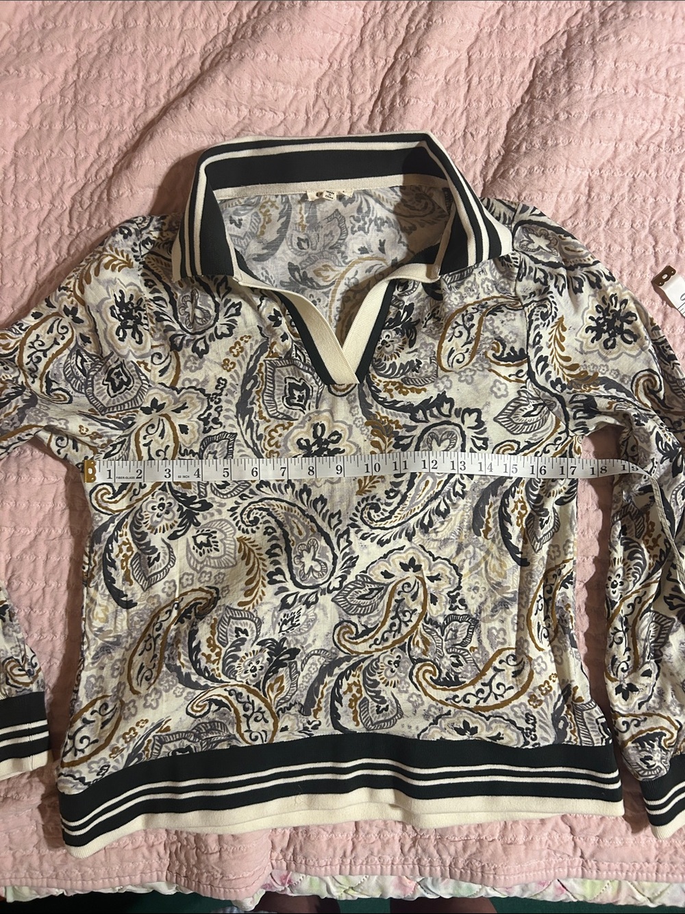 JODIFL Cream, Black & Gold Paisley Long Sleeve Polo Top